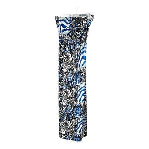 Women's Floor-Length Maxi Dress - Blue & Black Abstract Animal Print - Strapless